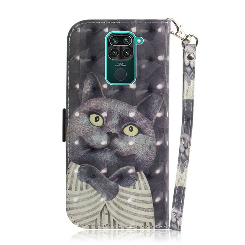 Capa De Couro Para Xiaomi Redmi Note 9 De Cordão Gato Cinzento Com Alça