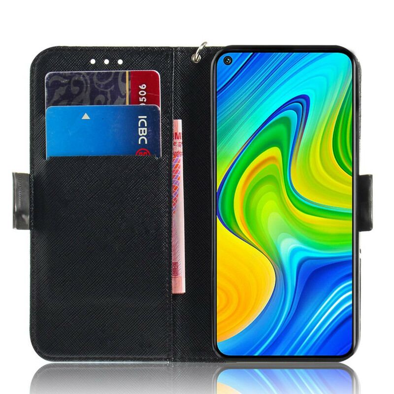 Capa De Couro Para Xiaomi Redmi Note 9 De Cordão Gato Cinzento Com Alça