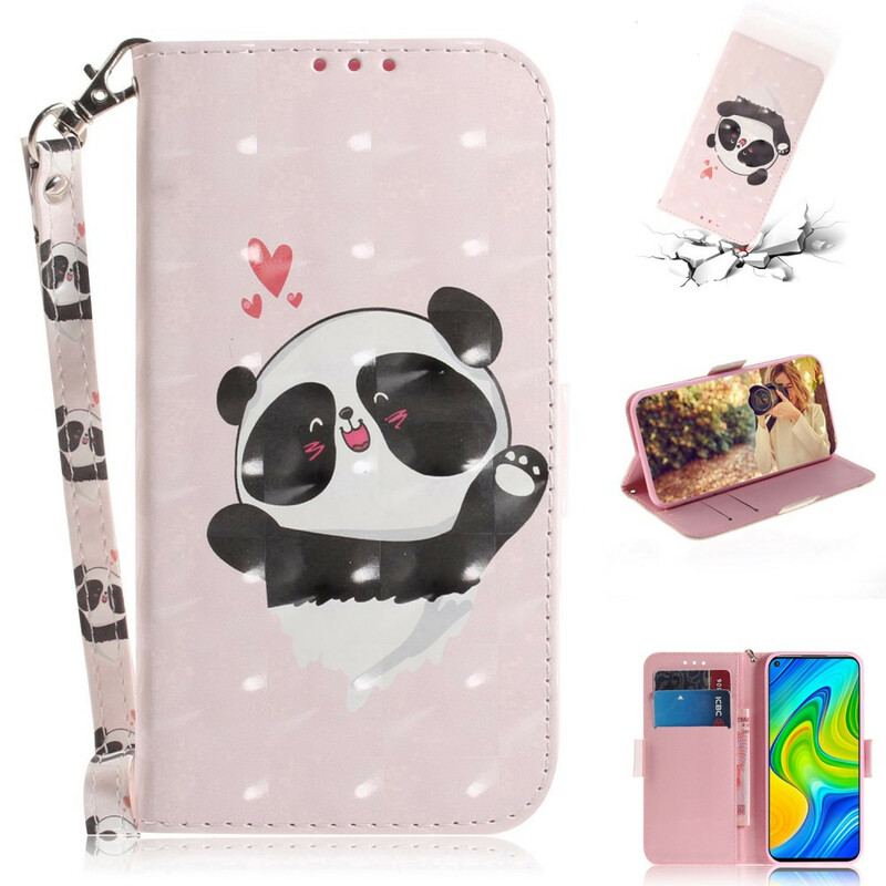 Capa De Couro Para Xiaomi Redmi Note 9 De Cordão Panda Love Com Cordão