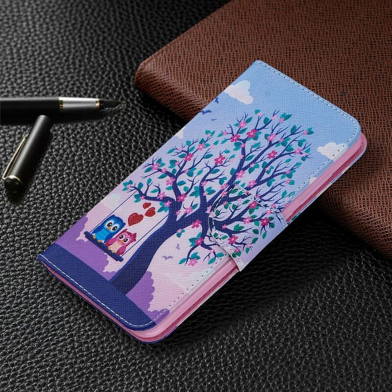 Capa De Couro Para Xiaomi Redmi Note 9 Corujas No Balanço