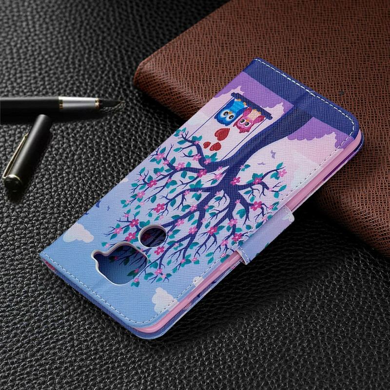 Capa De Couro Para Xiaomi Redmi Note 9 Corujas No Balanço