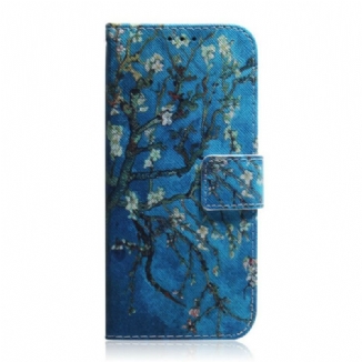 Capa Em Pele Para Xiaomi Redmi Note 9 Fundo Azul Da Árvore Florida