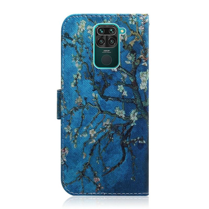 Capa Em Pele Para Xiaomi Redmi Note 9 Fundo Azul Da Árvore Florida