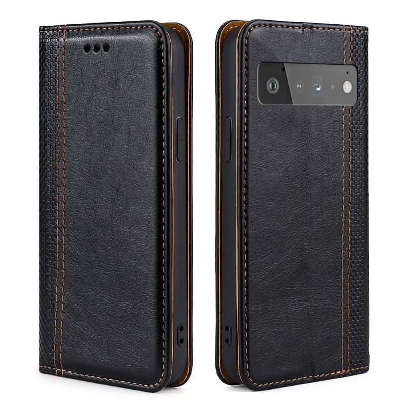 Capa De Celular Para Google Pixel 6 Pro Flip Costura De Couro Rachado De Lichia