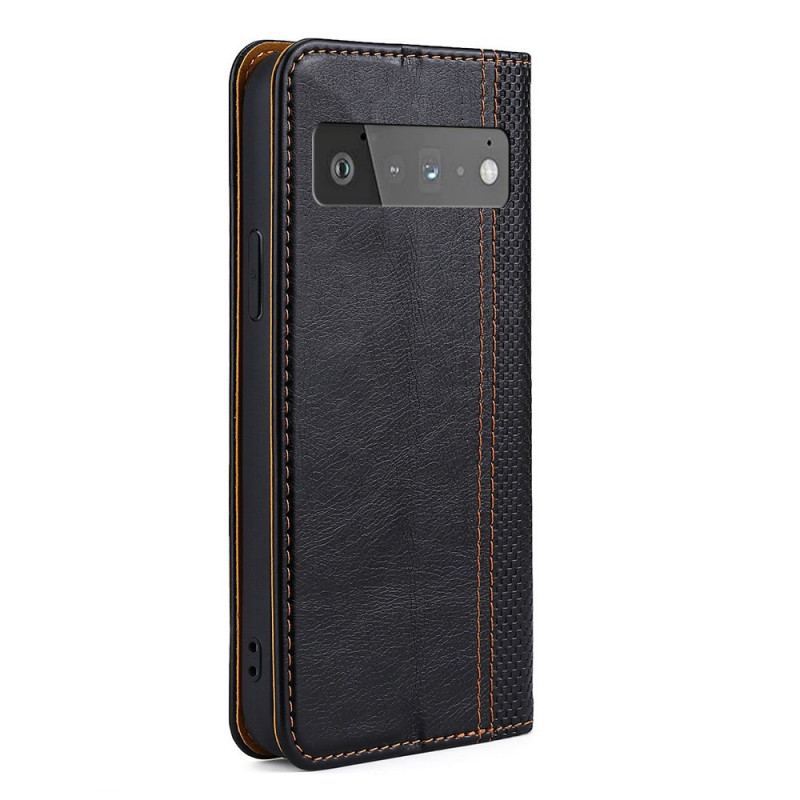 Capa De Celular Para Google Pixel 6 Pro Flip Costura De Couro Rachado De Lichia