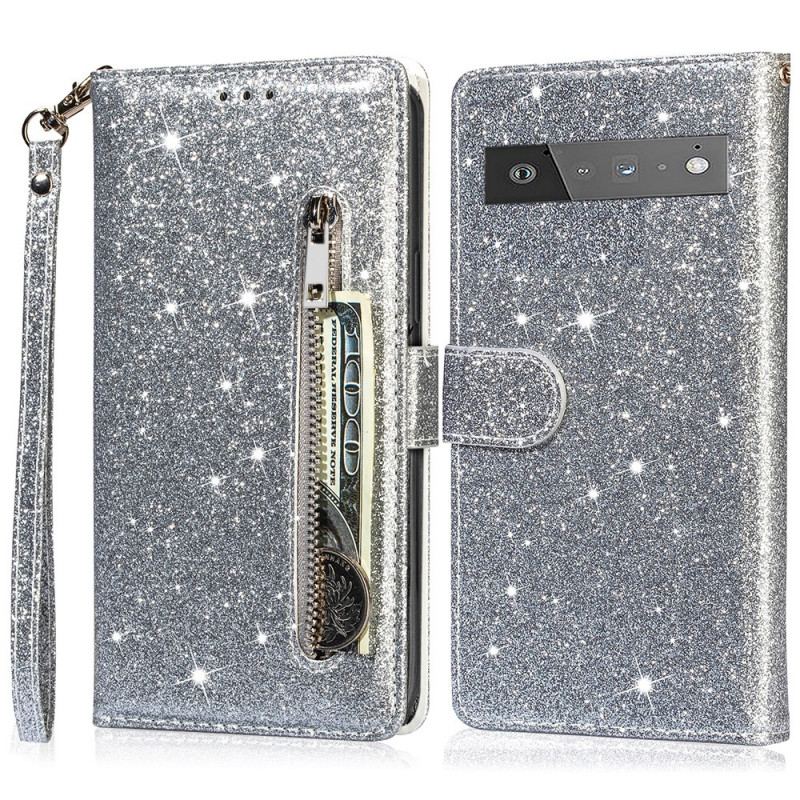 Capa De Couro Para Google Pixel 6 Pro Bolsa De Moedas Glitter