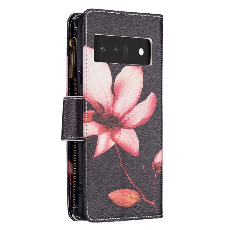 Capa De Couro Para Google Pixel 6 Pro Bolso Com Zíper Flor