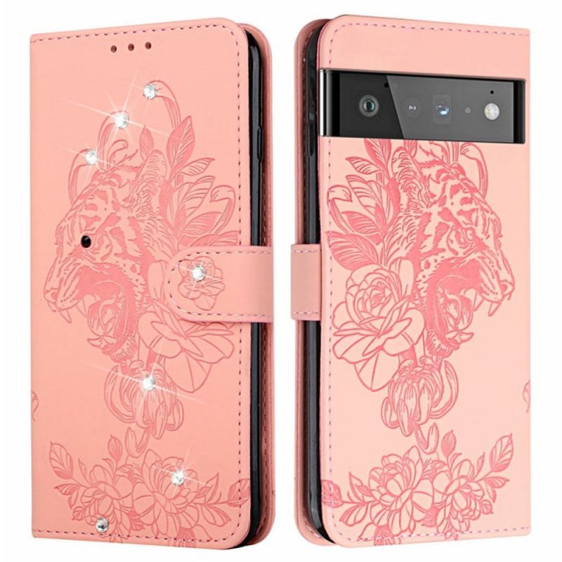 Capa Em Pele Para Google Pixel 6 Pro Tigre Barroco E Strass