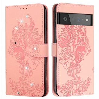 Capa Em Pele Para Google Pixel 6 Pro Tigre Barroco E Strass