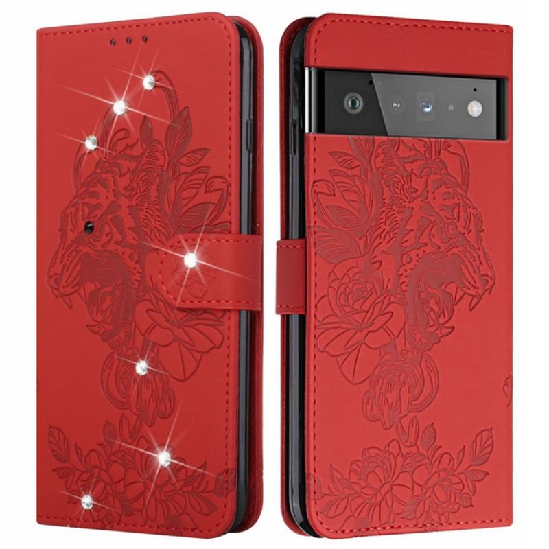 Capa Em Pele Para Google Pixel 6 Pro Tigre Barroco E Strass