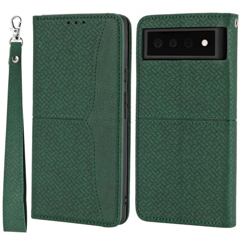 Capa Flip Para Google Pixel 6 Pro De Cordão Estilo De Couro Trançado Com Tiras