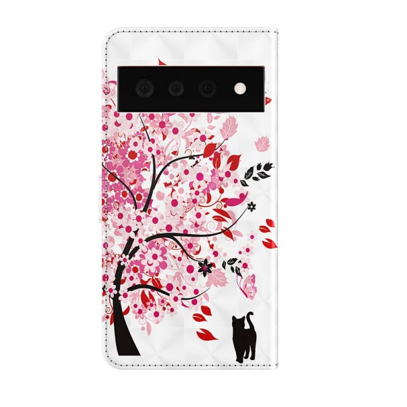 Capa Folio Para Google Pixel 6 Pro Árvore Rosa E Gato Preto