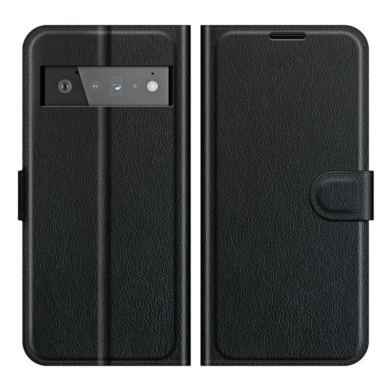 Capa Folio Para Google Pixel 6 Pro Couro Sintético De Lichia Clássico