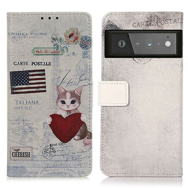 Capa Folio Para Google Pixel 6 Pro Gato Viajante