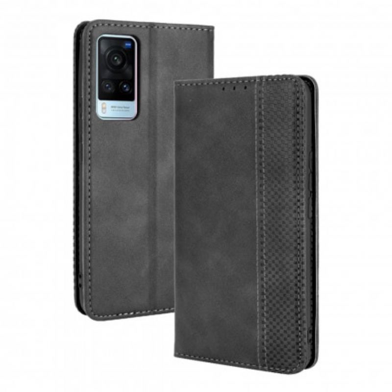 Capa De Celular Para Vivo X60 Flip Efeito Couro Vintage Estilizado