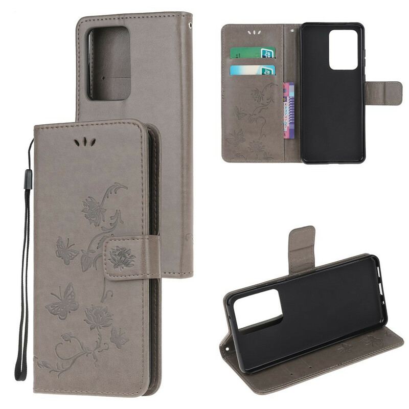 Capa De Couro Para Samsung Galaxy Note 20 Ultra De Cordão Tanga Borboletas E Flores