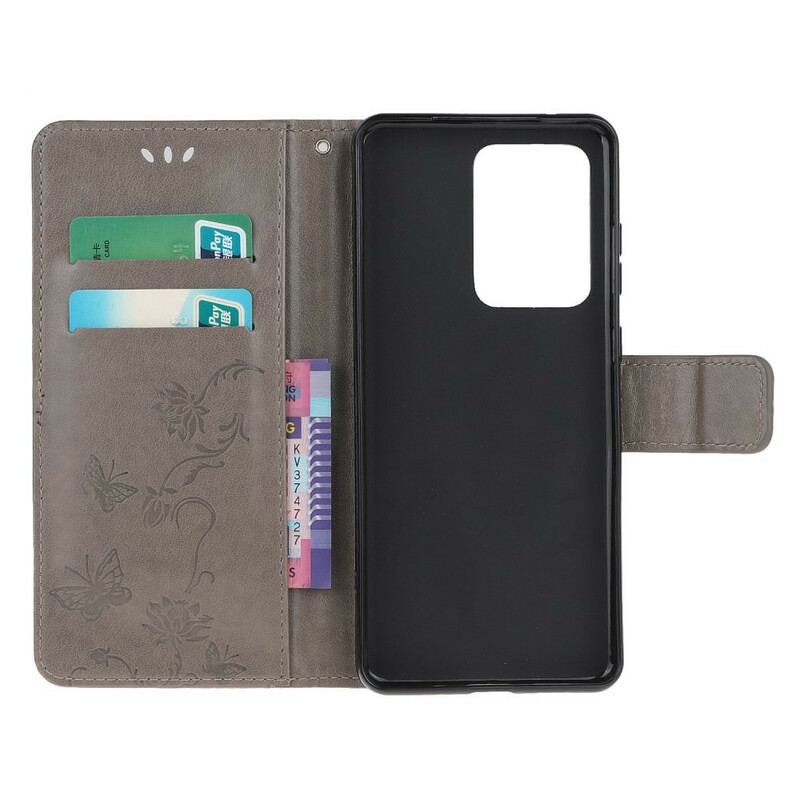 Capa De Couro Para Samsung Galaxy Note 20 Ultra De Cordão Tanga Borboletas E Flores