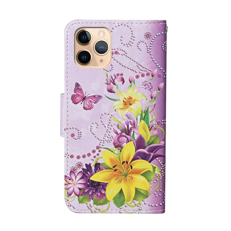 Capa De Couro Para iPhone 12 Pro Max Flores Magistrais Com Alça