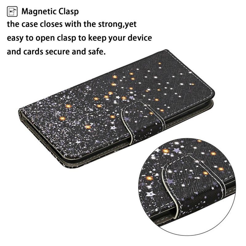 Capa Flip Para iPhone 12 Pro Max Estrelas E Lantejoulas Com Cordão