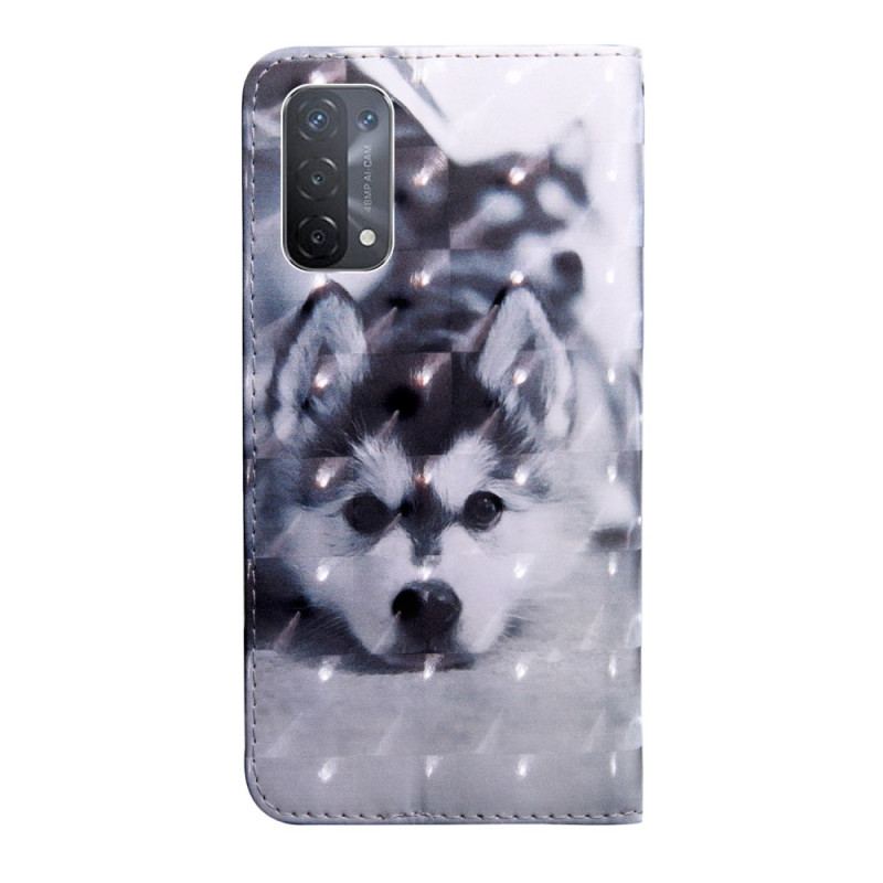 Capa De Couro Para Oppo A54 5G / A74 5G Cachorro Husky Com Cordão