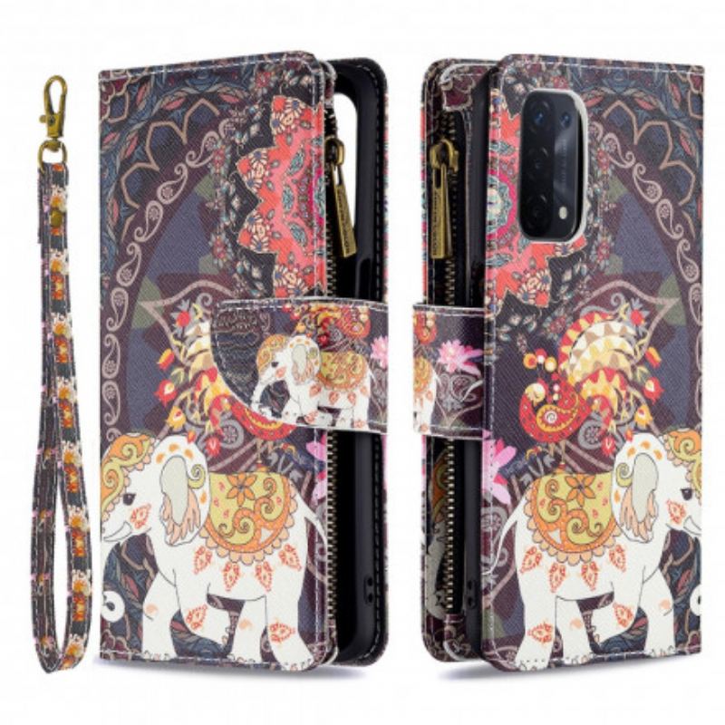 Capa Em Pele Para Oppo A54 5G / A74 5G Bolso Elefante Com Zíper