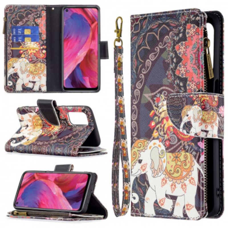 Capa Em Pele Para Oppo A54 5G / A74 5G Bolso Elefante Com Zíper