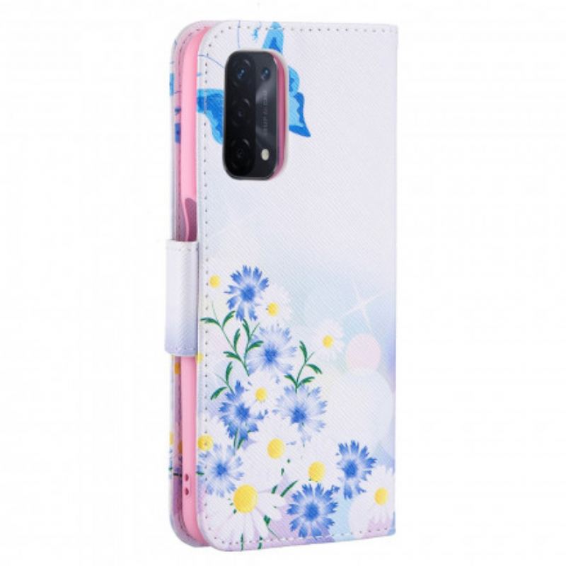 Capa Em Pele Para Oppo A54 5G / A74 5G Borboletas E Flores Pintadas