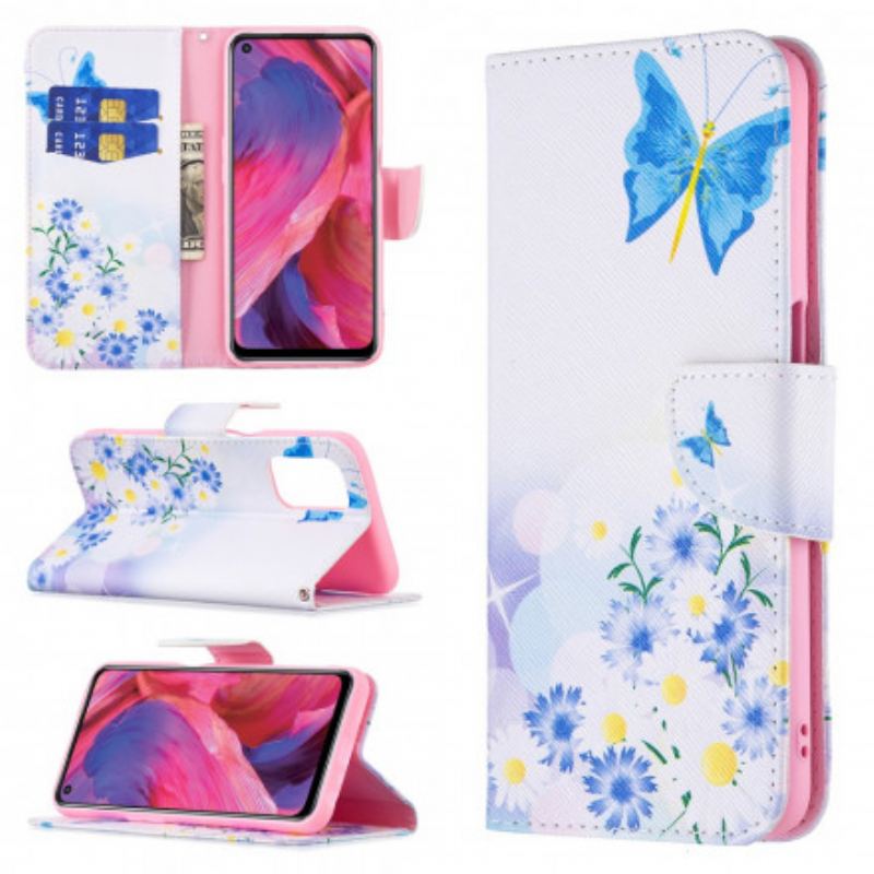 Capa Em Pele Para Oppo A54 5G / A74 5G Borboletas E Flores Pintadas