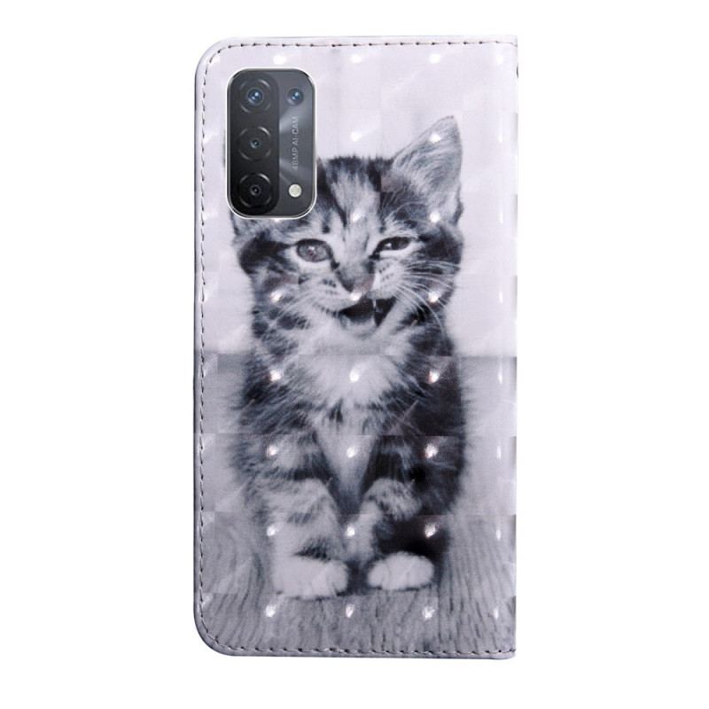 Capa Em Pele Para Oppo A54 5G / A74 5G Gatinho Com Cordão