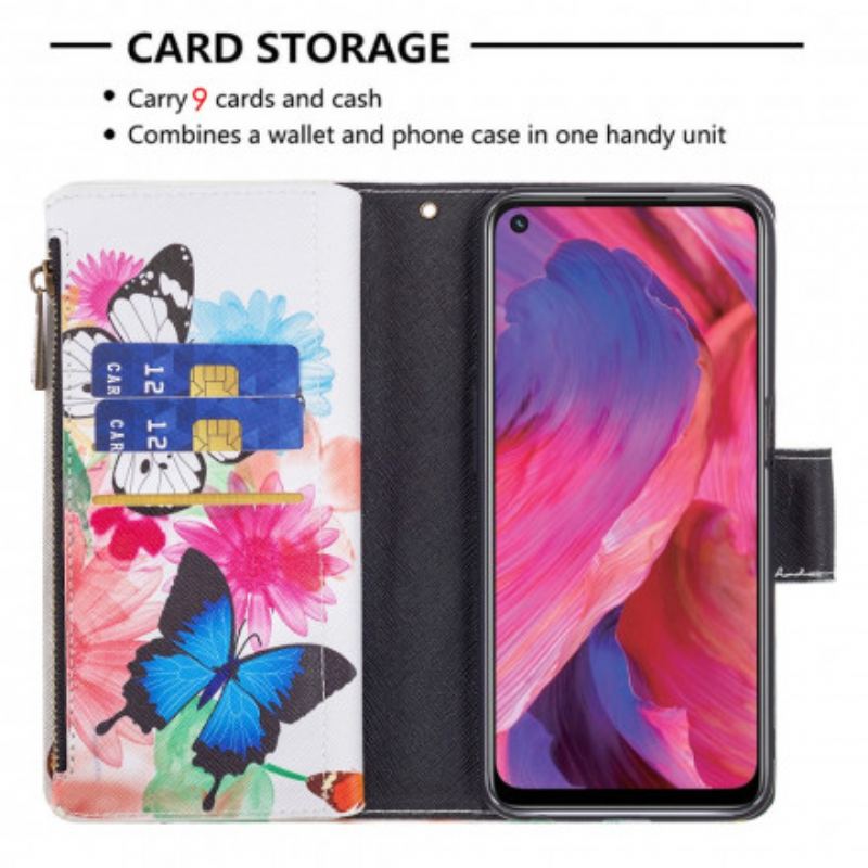 Capa Flip Para Oppo A54 5G / A74 5G Bolso Com Zíper De Borboletas