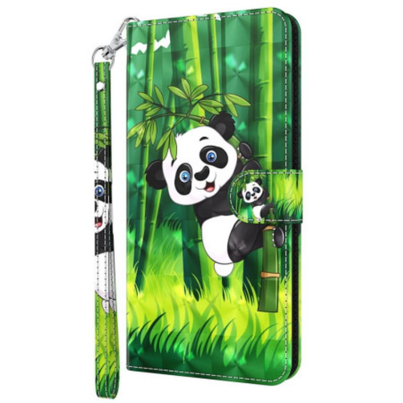 Capa Flip Para Oppo A54 5G / A74 5G De Cordão Panda E Bambu Com Lanyard