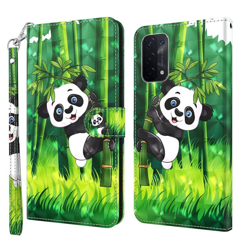 Capa Flip Para Oppo A54 5G / A74 5G De Cordão Panda E Bambu Com Lanyard