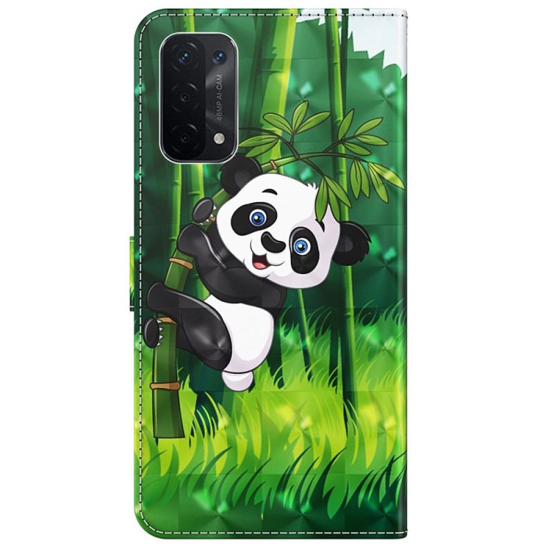 Capa Flip Para Oppo A54 5G / A74 5G De Cordão Panda E Bambu Com Lanyard