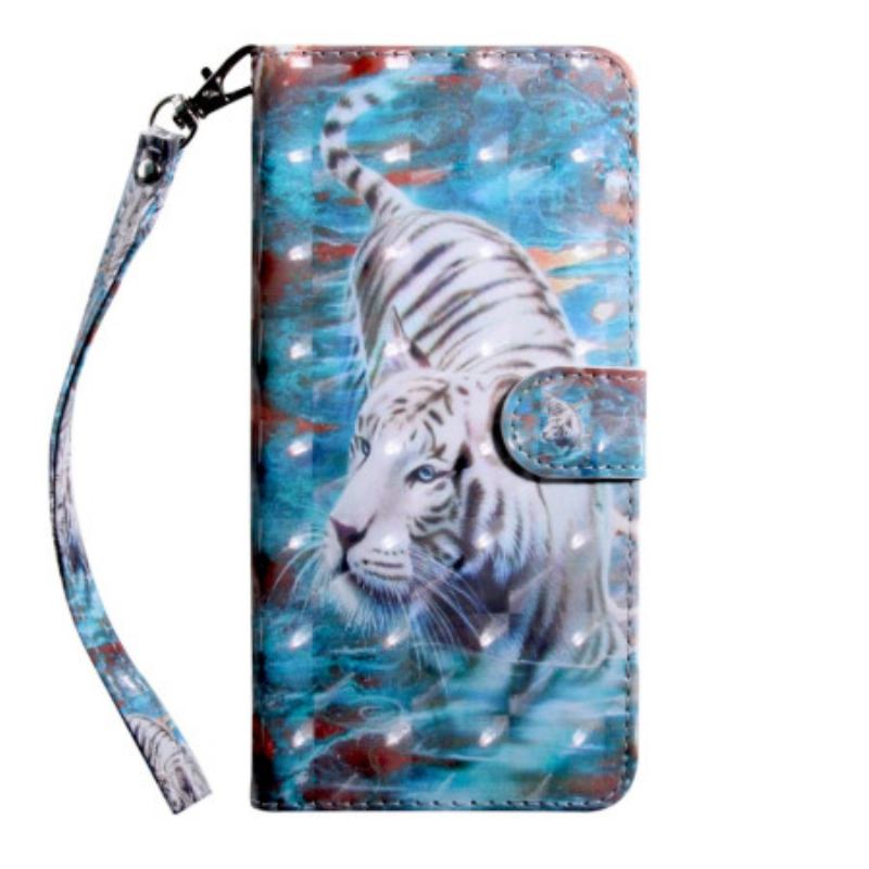 Capa Flip Para Oppo A54 5G / A74 5G Couro Sintético De Tigre Com Cordão