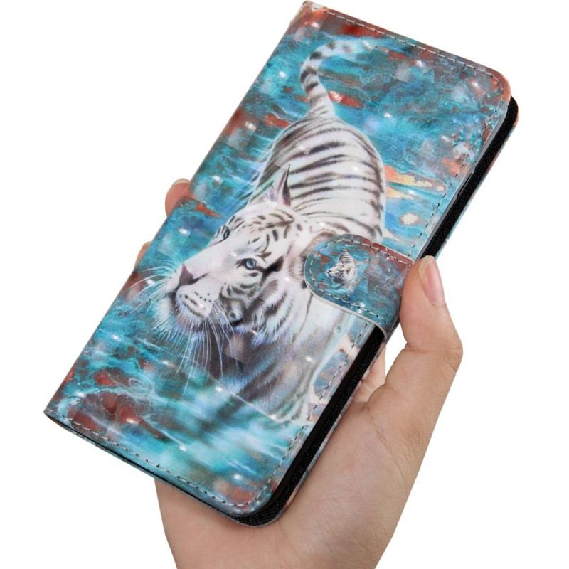 Capa Flip Para Oppo A54 5G / A74 5G Couro Sintético De Tigre Com Cordão