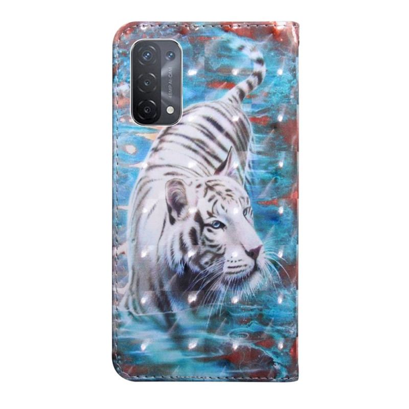 Capa Flip Para Oppo A54 5G / A74 5G Couro Sintético De Tigre Com Cordão