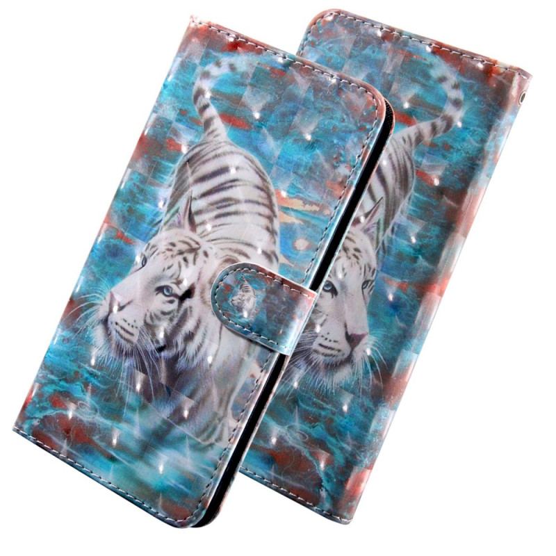 Capa Flip Para Oppo A54 5G / A74 5G Couro Sintético De Tigre Com Cordão