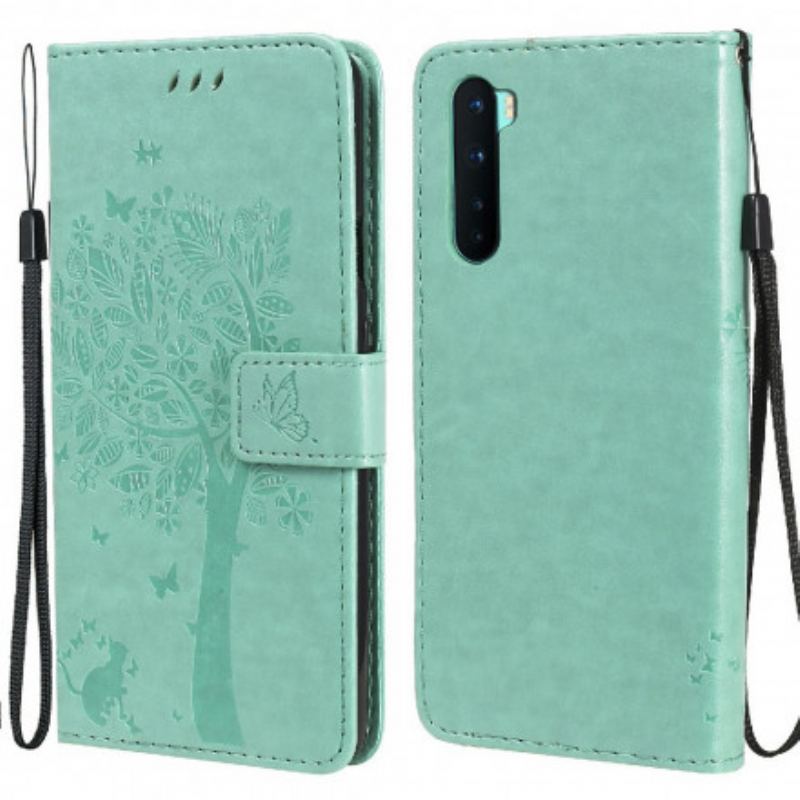 Capa Flip Para OnePlus Nord De Cordão Árvore E Gato Strappy