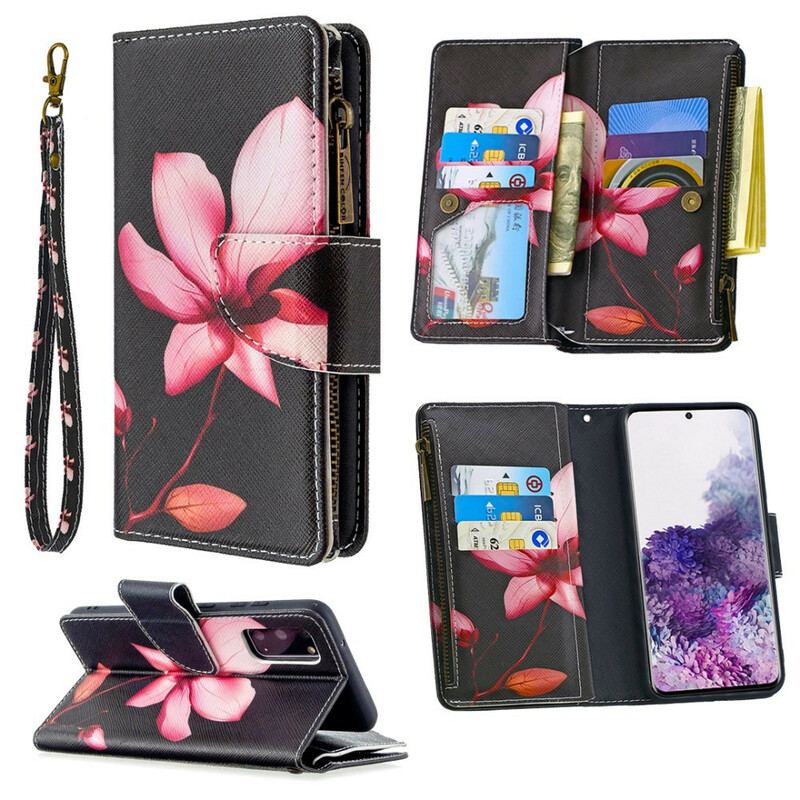 Capa De Couro Para Samsung Galaxy S20 Bolso Com Zíper Flor