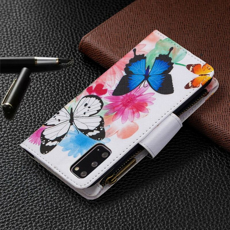 Capa Folio Para Samsung Galaxy S20 Bolso Com Zíper De Borboletas