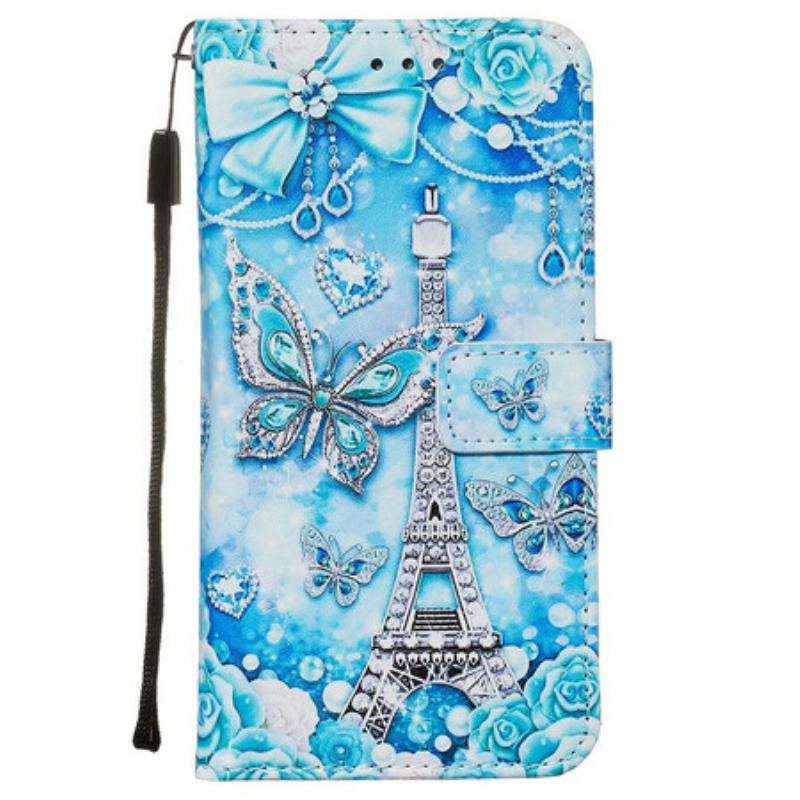 Capa Folio Para Samsung Galaxy S20 De Cordão Correia Borboleta Torre Eiffel