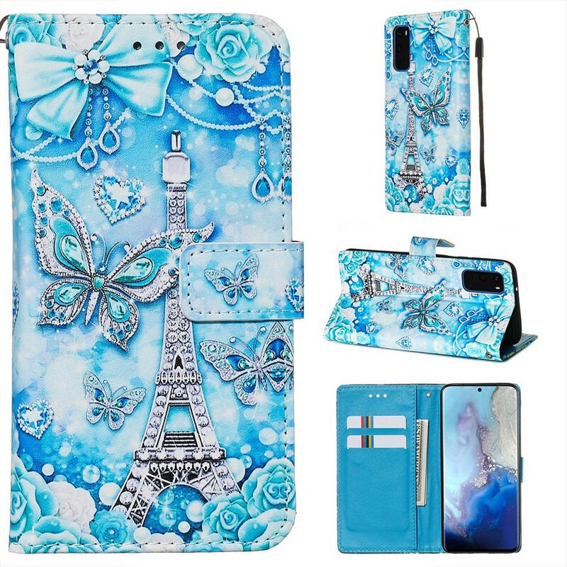 Capa Folio Para Samsung Galaxy S20 De Cordão Correia Borboleta Torre Eiffel