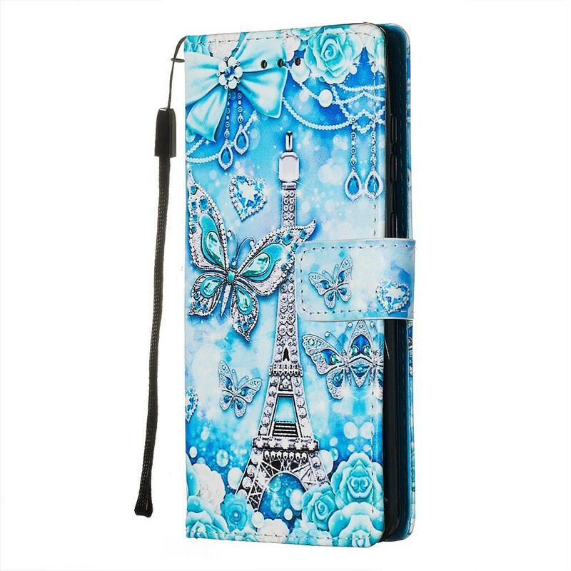 Capa Folio Para Samsung Galaxy S20 De Cordão Correia Borboleta Torre Eiffel