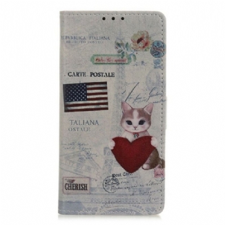 Capa Em Pele Para Samsung Galaxy A02s Gato Viajante