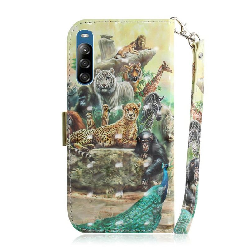 Capa Em Pele Para Sony Xperia L4 De Cordão Animais De Safári Tanga