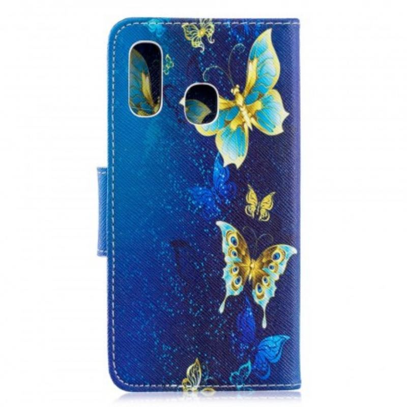 Capa Em Pele Para Samsung Galaxy A40 Borboletas Douradas