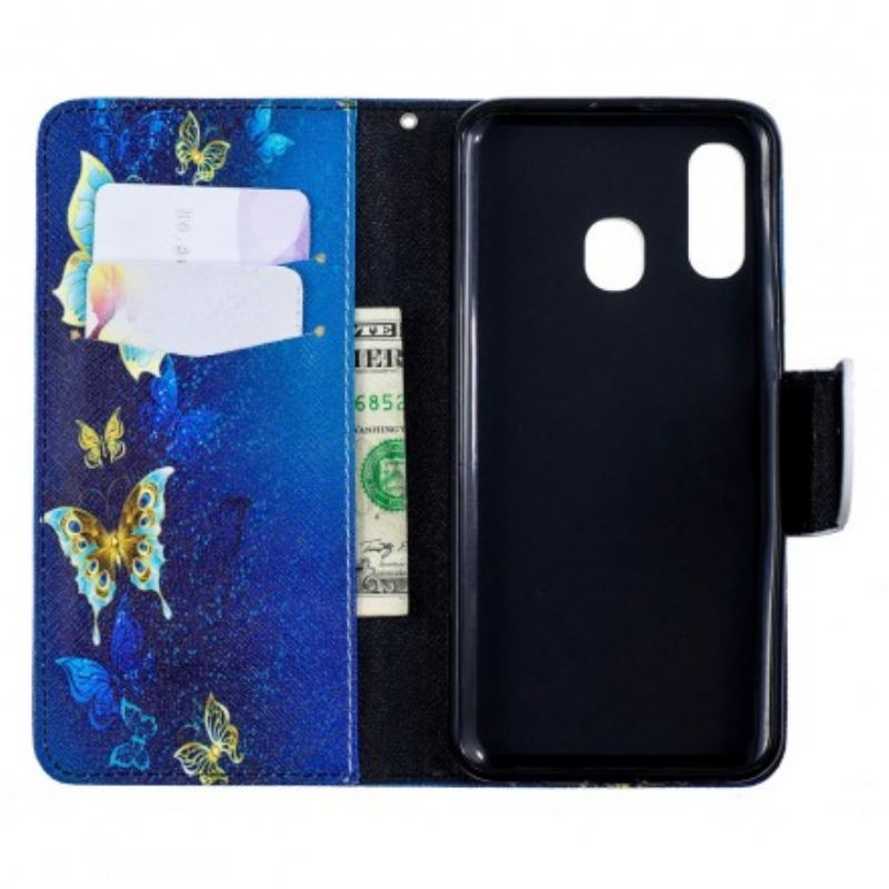 Capa Em Pele Para Samsung Galaxy A40 Borboletas Douradas