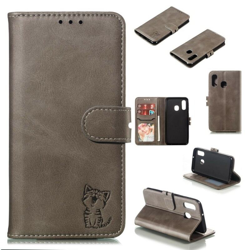 Capa Flip Para Samsung Galaxy A40 Gatinho De Couro Falso