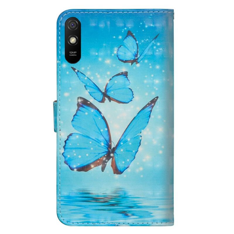 Capa De Couro Para Xiaomi Redmi 9A Borboletas Azuis Voando