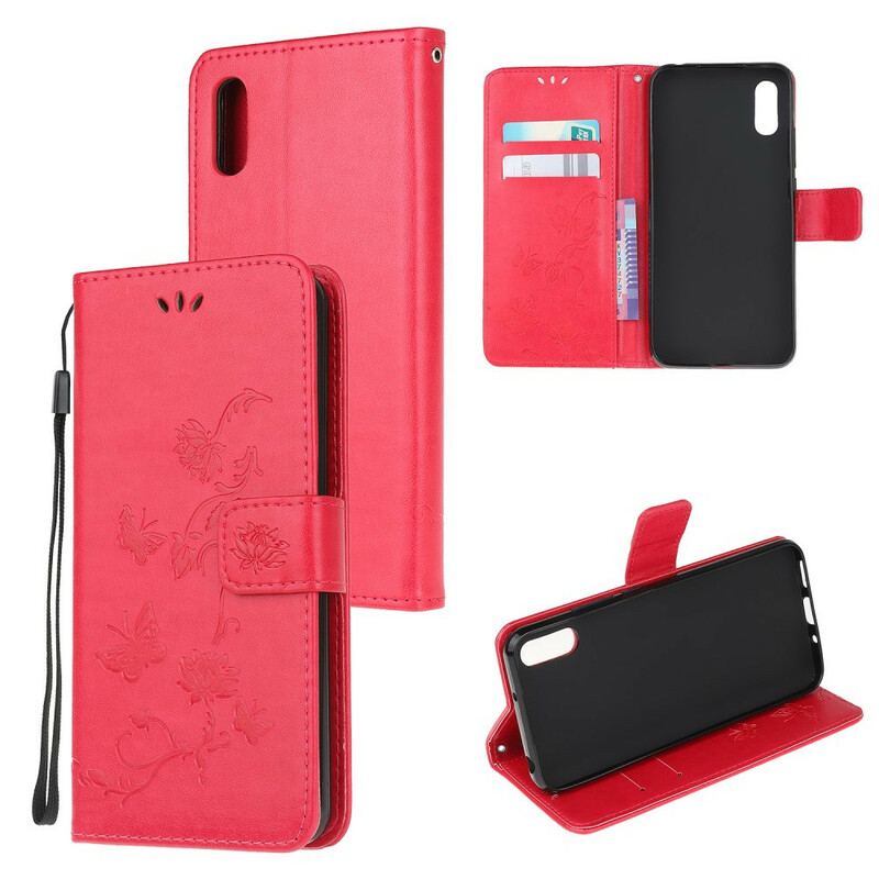 Capa Em Pele Para Xiaomi Redmi 9A Borboletas E Flores Asiáticas